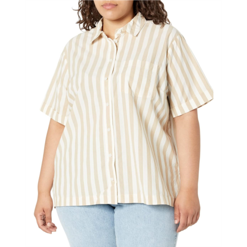 Womens Madewell Plus Signature Poplin Short-Sleeve Button-Down Shirt in Leray Stripe