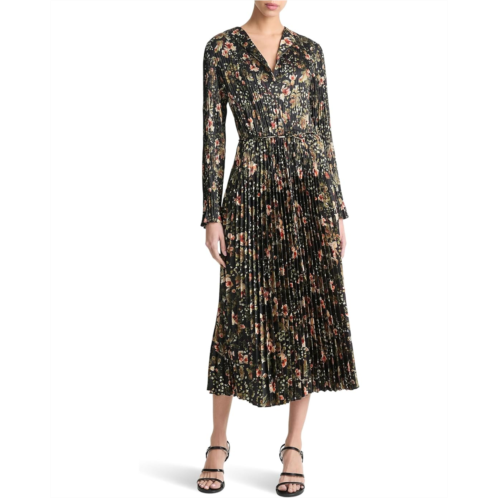 Vince Orchid Vine Pleated Long Sleeve Dress