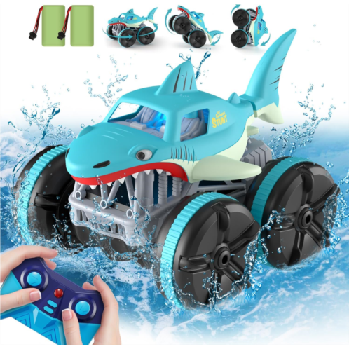 MaxTronic Remote Control Car Amphibious, 2.4 GHz 4WD 1:14 Scale All-Terrain Waterproof Remote Control Monster Truck, RC Boat Shark Car Toys for 3-12 Years Old Boys Girls