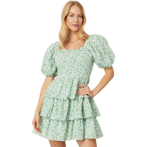 Womens English Factory Crinkled Floral Linen Smocked Tiered Mini Dress