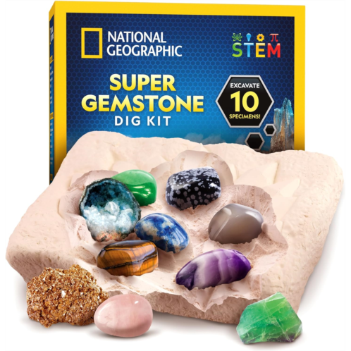 NATIONAL GEOGRAPHIC Super Gemstone Dig Kit - Excavation Gem Kit with 10 Real Gemstones for Kids, Discover Gems with Dig Tools & Magnifying Glass, Science Kits for Kids Age 8-12, Cr