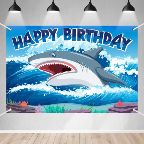BECKTEN Cartoon Shark Happy Birthday Party Banner Backdrop Great White Shark Blue Ocean Under The Sea Theme Decor for Kids Boys Girls Birthday Party Baby Shower Favors Decorations Supplies