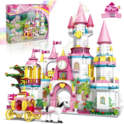 Castle STEM Building Toys for Girls Ages 6 7 8 9 10 11 12 Years Old, VINTOP Building Sets for Girl Boys, 1000PCS Pink Princess Castle Carriage Playsets Creative Building Blocks Xma
