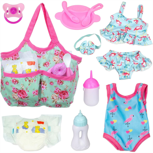 UNICORN ELEMENT 8 Pcs Baby Doll Clothes and Accessories, Baby Doll Feeding and Caring Set with Baby Doll Diaper Bag, Clothes, Diapers, Bottles, Pacifier, Swimsuits,Best Gift for Ki