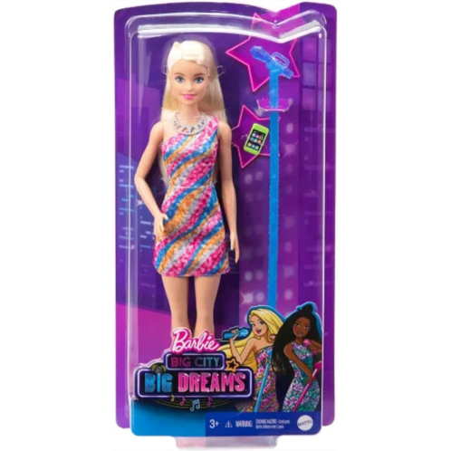 Mattel Barbie: Big City, Big Dreams Barbie “Malibu” Roberts Doll (11.5-in, Blonde) & Microphone & Smart Phone Accessory, Gift for 3 to 7 Year Olds