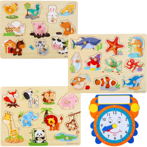 Asher and Olivia Wooden Peg Puzzles for Toddlers - (Pack of 3 with Learning Clock) Animal Chunky Educational Preschool Puzzles for Toddlers Kids Boys Girls and Children
