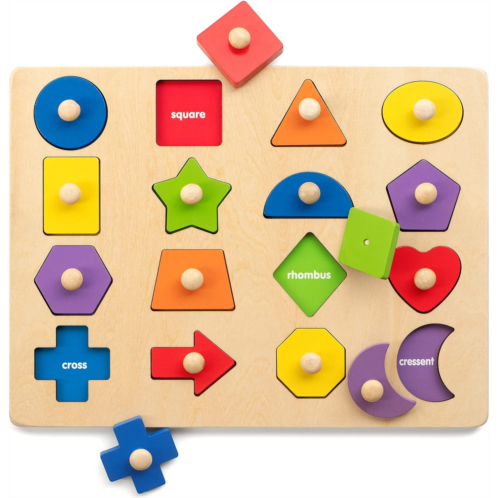 Coogam Montessori Toy Wooden Shape Peg Puzzle, Fine Motor Color Matching Sorting Board, Early Learning Educational Activity Toy Gift for Preschool Toddler Baby 3 4 5 Year Old