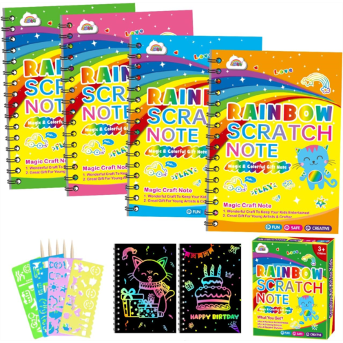 ZMLM Scratch Art Party Favors: 4 Pack Rainbow Scratch Paper Art Set for Kids 3-12 Years Old Art and Craft Notebook Girl Boy Birthday Gift Goodie Bag Stuffers(5