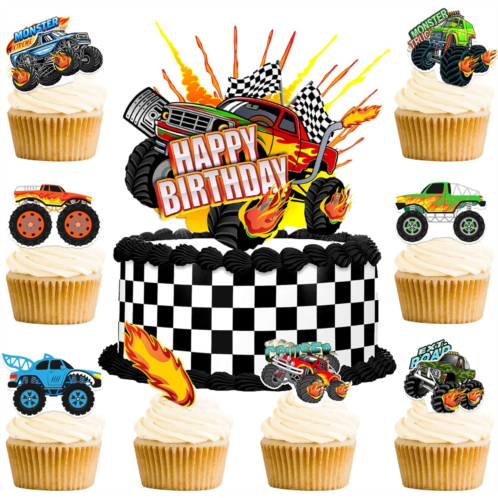 Haxpacal Truck Cake Topper, 49pcs Monster Car Theme Birthday Party Supplies, Red, Green, Blue Cake Decorations for Kids Birthday, Baby Shower Party Decorations