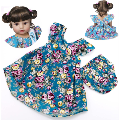 Pedolltree Reborn Baby Girl Doll Clothes 22 inch Newborn Blue Floral Printed Dress for 22-24 Inch Reborn Doll