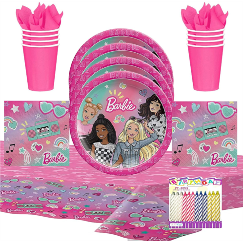 Amscan Barbie Dream Together Party Supplies Pack Serves 16: 7 Dessert Plates Beverage Napkins Cups and Table Cover with Birthday Candles