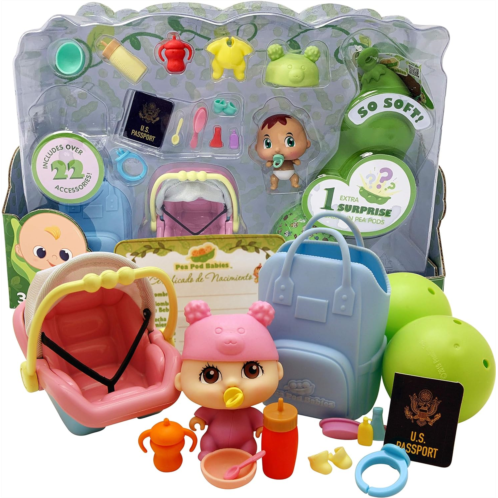 Nature Bound Pea Pod Babies Twenty Two Piece Little Traveler Playset - Collectible Mystery Surprise Toy with Mini Baby, Clothing, & Accessories - All in A Soft Pea Pod - Small Doll
