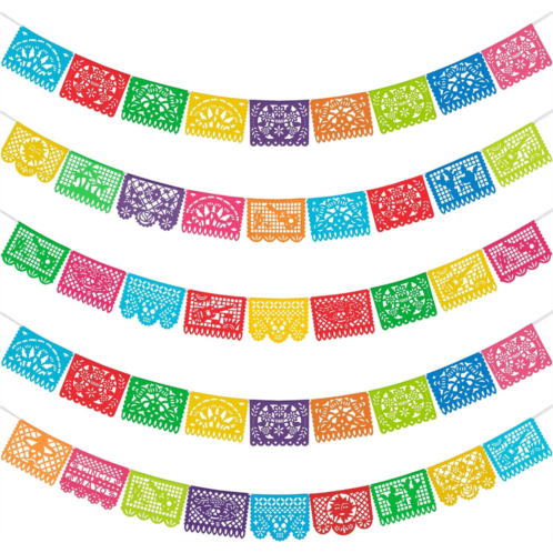 HOOJO 5 Packs 82 Ft Mexican Party Banners, Papel Picado Banner, Cinco de Mayo, Fiesta Party Decorations, Dia De Los Muertos Decor, Day of The Dead Decorations,Halloween