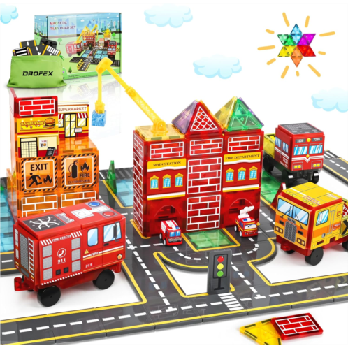 Drofex Magnetic Tiles Road Set with Fire Truck and Magnetic Crane, Creative Construction Toys for Kids Ages 3-12, Boys & Girls, Fire Rescue Station and Engineering Themed Magnetic Buildin