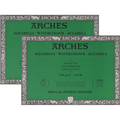 Arches Watercolor Block 9x12-inch Natural White 100% Cotton Paper 2-Pack - 40 Sheets of Arches Watercolor Paper 140 lb Cold Press - Arches Art Paper for Watercolor Gouache Ink Acry