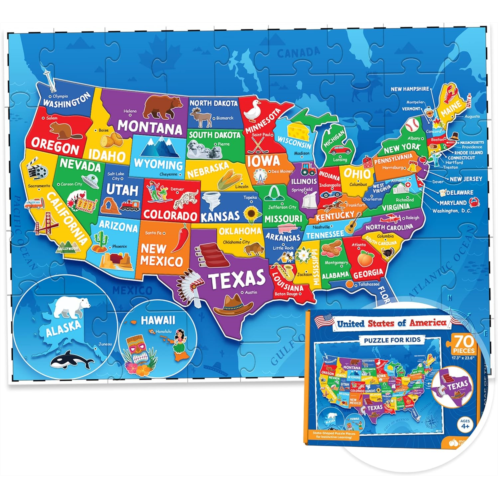 Momo & Nashi United States Puzzle for Kids - 70 Piece - USA Map Puzzle 50 States with Capitals - Childrens Jigsaw Geography Puzzles Ages 4-8, 5-7, 4-6 - Learning & Educational Toys