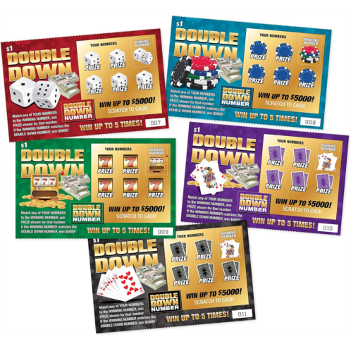 Laughing Smith DOUBLE DOWN - Casino Night Fake Scratch Off Cards (5 tickets) - Win $1000 or $5000 - Prank Winning Scratcher Tickets for Casino Theme Party Gags, Games, Jokes & Decorations - Prank