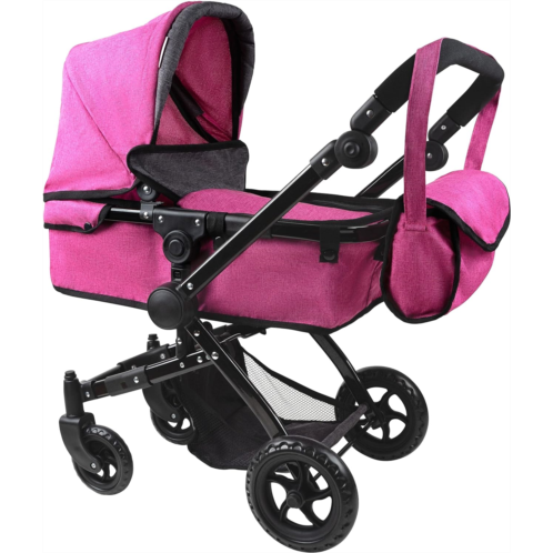 Fash n Kolor Baby Doll Stroller My First Foldable Doll Stroller in Denim Hot Pink Design, Bassinet Stroller with Baby Doll Adjustable Handle, Convertible Seat, Basket, and Free Car