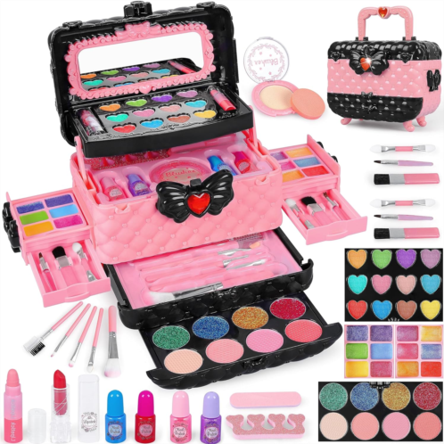 Dpai 54 Pcs Kids Makeup Kit for Girls, Princess Real Washable Pretend Play Cosmetic Set Toys with Mirror, Non-Toxic & Safe, Birthday Gifts for 3 4 5 6 7 8 9 10 Years Old Girls Kids (Pin