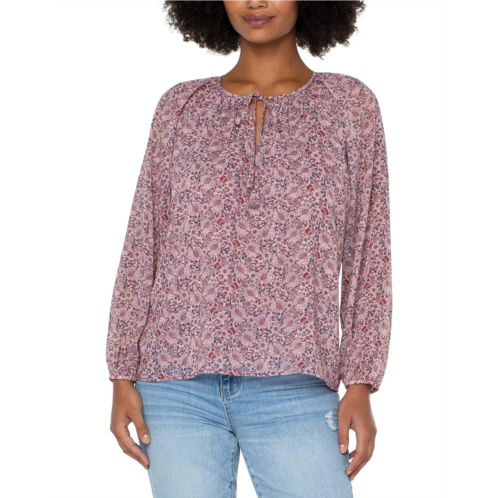 Liverpool Los Angeles Double Layer Long Sleeve Shirred Blouse with Neck Ties