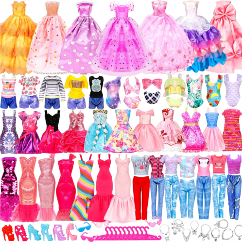 BYMORE 46 Pcs Doll Clothes and Accessories Kit, Including 2 Princess Gowns 4 Fashion Dresses 2 Tops 2 Pants 2 Bikini Swimsuits 10 Shoes 10 Hangers 15 Jewelry Accessories for 11-12 Dolls