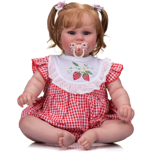 iCradle Reborn Baby Doll Girls 24 Inch Silicone Newborn Toddler Dolls Realistic Look Strawberry Clothes Gift Set for Age3+r Kids Age 3+
