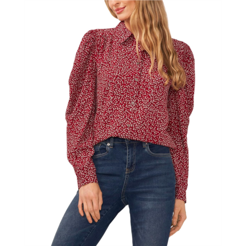 CeCe Long Sleeve Button-Down Floral Blouse with Collar