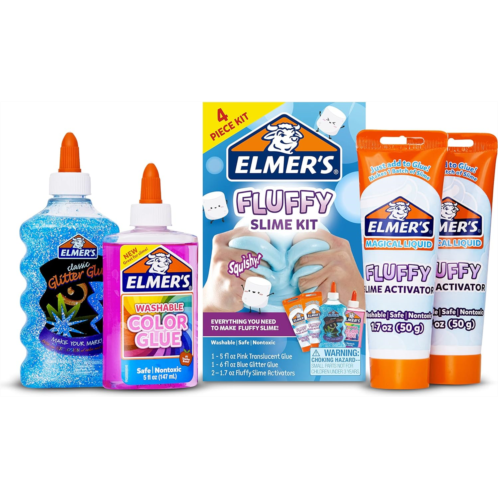 Elmer s Elmers Fluffy Slime Kit, Includes Elmers Translucent Color Glue, Elmers Glitter Glue, Elmers Fluffy Slime Activator, 4 Count