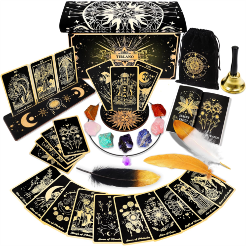 TIRLANO 78 Tarot Cards with Guidebook - Tarot Deck Gift Set with Tarot Cloth & Holder, Chakra Stones & More, Black Tarot Cards Deck Fortune Telling Game Craft Cardboard for Beginners and E