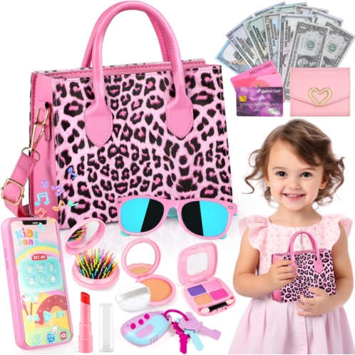 GINMIC Play Toddler Girls Purse, Toddler Girl Toys Age 3-5 4-5 6-8 Kids Toys Purse Set, Pretend Makeup Kit, Phone, Princess Pretend Play Girl Toys for 3 4 5 6 7 Year Old, Birthday Gifts f