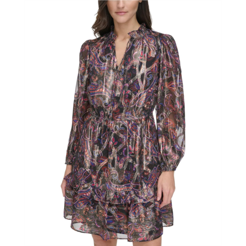 Vince Camuto Printed Chiffon Metallic Fit & Flare Dress with Ruffle Details
