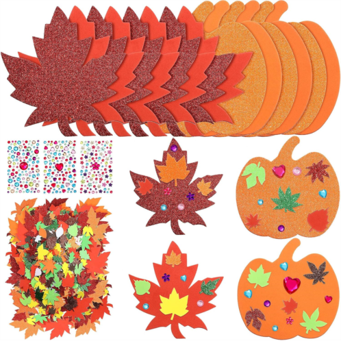 Skylety 224 Pieces Fall Maple Leaf Stickers Foam Pumpkins Stickers Maple Leaf Decal Autumn Leaf Pumpkins Glitter Stickers with 390 Pieces Jewels Stickers for Thanksgiving Kids Art
