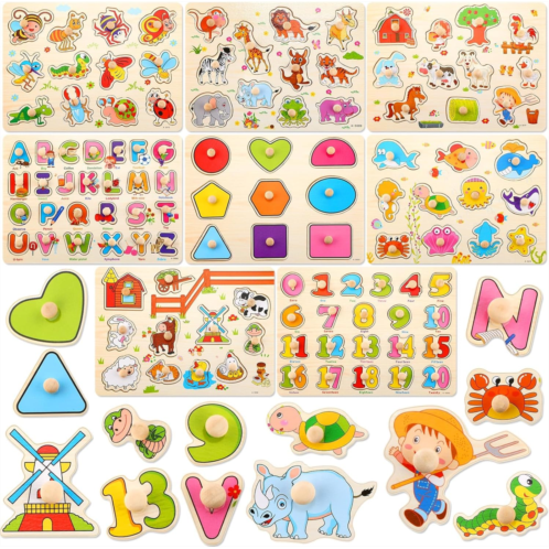 Chivao 8 Set Wooden Peg Puzzles for Toddlers Over 6 Years Alphabet Number Animal Vehicles Puzzles Board for Kids Educational Learning Puzzles Toys for Children Babies Boys Girls (Cute)