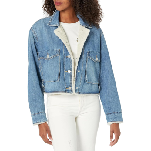 Womens Blank NYC Cropped Denim Jacket with Sherpa Lining in Crash Course