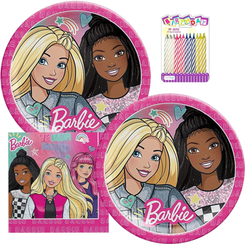 Amscan Barbie Dream Together Party Supplies Pack Serves 16: 9 Plates and Luncheon Napkins with LLILYKAI Birthday Candles (Bundle for 16)