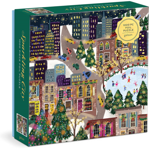 Galison Sparkling City - 1000 Piece Foil Puzzle with Illustrations of Colorful Merriments in The City with Gold Foil Accents