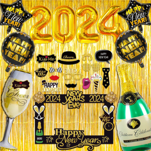 Cloira New Years Eve Party Supplies 2024, Foil Balloons, Tinsel Foil Fringe Curtains, 2024 Happy New Years Eve Party Photo Booth Props with Photo Frame, Decorations Set for Party Photo Ba