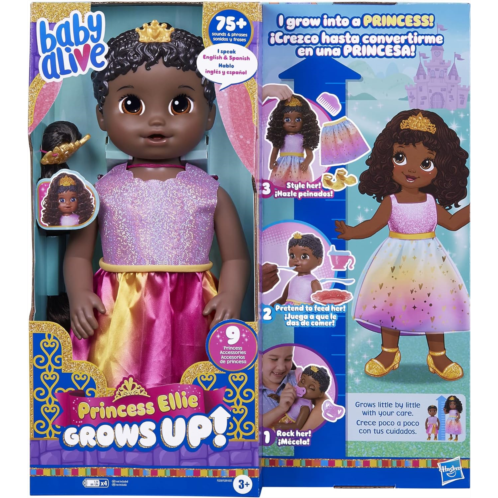 Baby Alive Princess Ellie Grows Up! Black Hair Doll for 3 Year Old Girls and Boys and Up, 18-Inch