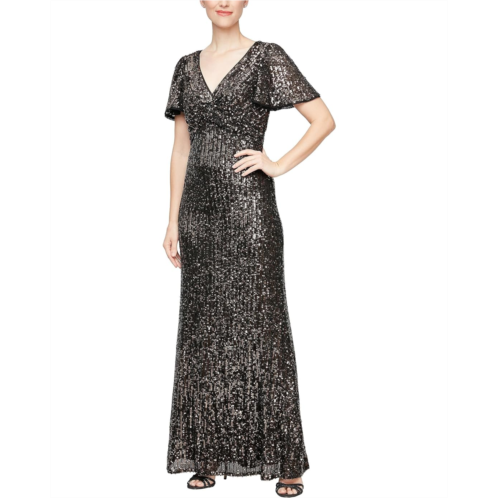 Womens Alex Evenings Long Sequins Gown with Flutter Sleeves and Front Knot Detail