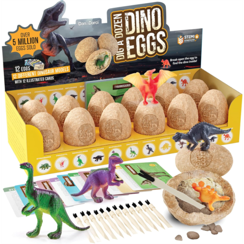 Dan&Darci Dig a Dozen Dino Egg Dig Kit for Kids - Dinosaur Toys Gift 3-12 Year Old - 12 Eggs & Surprise Dinosaurs - Science STEM Activities - Educational Boy Toy Party Gifts for Boys & Girls