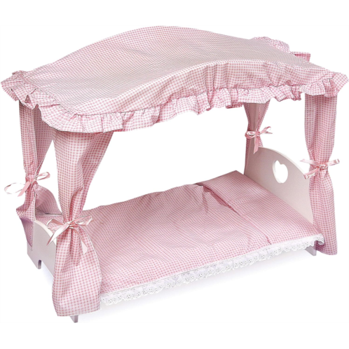 Badger Basket Toy Doll Bed with Canopy and Gingham Bedding for 20 inch Dolls - White/Pink
