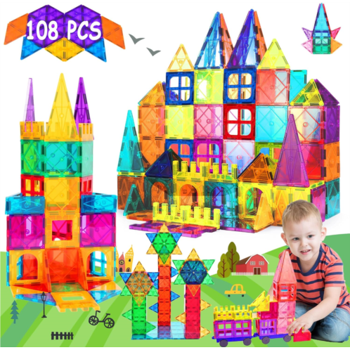 DMOIU 108PCS Magnetic Tiles, Magnetic Blocks Kids Toys, Magnet Tiles for Kids Age 3-5 4-8 8-12 STEM Toys, Magnetic Building Blocks Preschool Educational Toys, Birthday