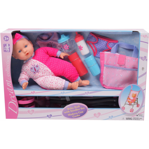DREAM COLLECTION Gi-Go: 14 Baby Doll with Stroller Set, Accessories Include, Bib, Diaper, Sippy Cup, Bottle, Carry Case and More, Realistic Facial Features, For Ages 3 and up