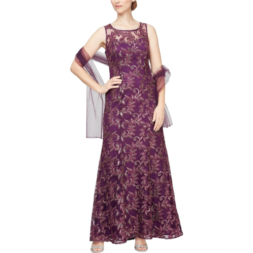 Alex Evenings Long Embroidered Gown with Sweetheart Illusion Neckline and Chiffon Shawl