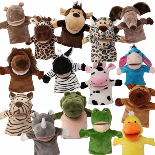 BETTERLINE 15-Piece Animal Hand Puppets Bundle with Open Movable Mouth - Explore Zoo, Safari, Farm, Jungle, and Wildlife - Tiger, Lion, Giraffe, Elephant, and More.