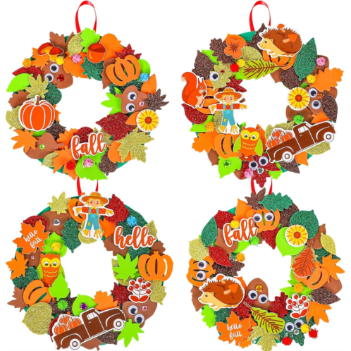 Whaline 12 Kits Fall Leaf Wreath Craft Kits Glitter Thanksgiving 3D Foam Wreath Signs with Maple Leaves Pumpkin Wiggle Eyes for Kids DIY Crafts Fall Thanksgiving Party Decor