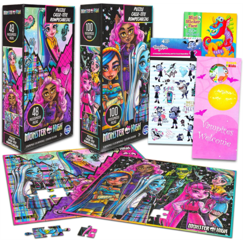 Nickelodeon Monster High Puzzle for Girls Set - Bundle with 2 Monster High Jigsaw Puzzles Plus Stickers, More 48 Pc, 100 Pc Monster High Puzzles for Kids Ages 4-8