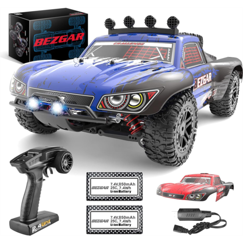 BEZGAR HS181 Hobby Grade 1:18 Scale Remote Control Trucks-4WD Top Speed 35 Km/h All Terrains Off Road Short Course Rc Truck,Waterproof RC Car with 2 Rechargeable Batteries for Kids