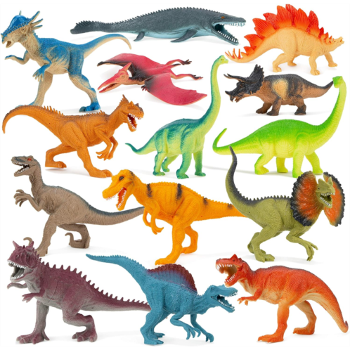 Boley 14-Pack Dinosaur Toys for Kids with Educational Booklet - 9 Realistic Dino Figures for Boys & Girls Ages 3+ - Includes T-Rex, Raptor, Stegosaurus, Triceratops, and More