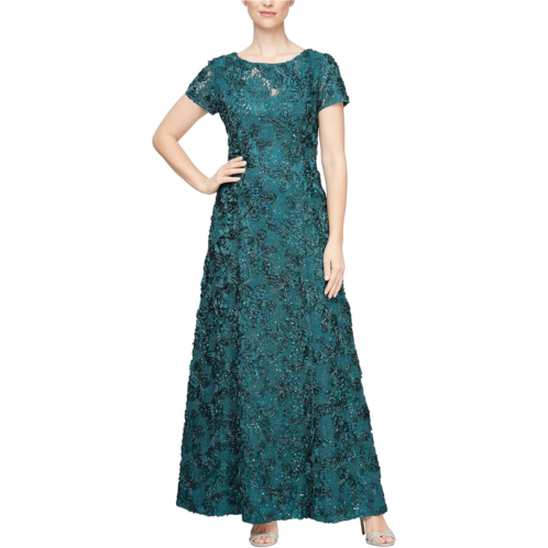 Womens Alex Evenings Long A-Line Rosette Dress with Sequin Detail